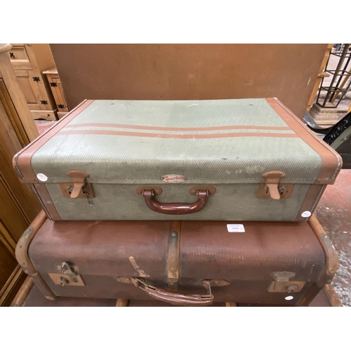 1116 - Seven early 20th century storage items, one leather hat box and six travel trunks - largest approx. ... 