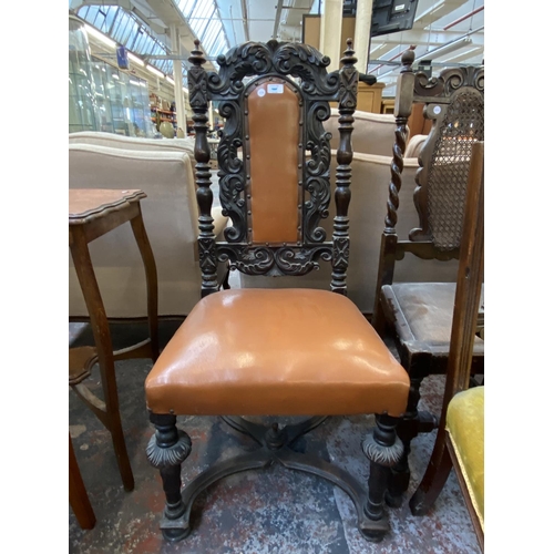 1129 - Eight 19th century and later occasional chairs to include carved oak and tanned vinyl, carved mahoga... 