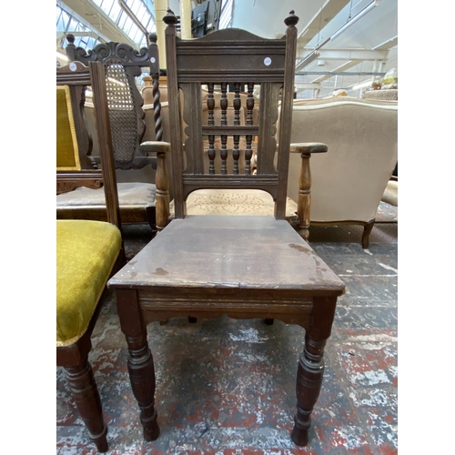 1129 - Eight 19th century and later occasional chairs to include carved oak and tanned vinyl, carved mahoga... 