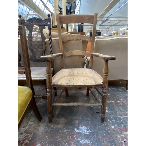 1129 - Eight 19th century and later occasional chairs to include carved oak and tanned vinyl, carved mahoga... 