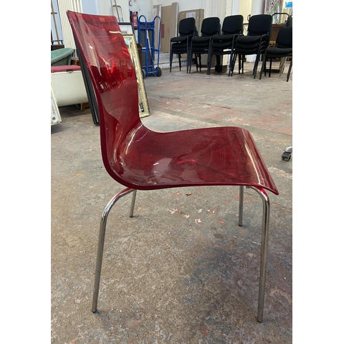 1148 - Four Italian red acrylic and chrome plated stacking dining chairs