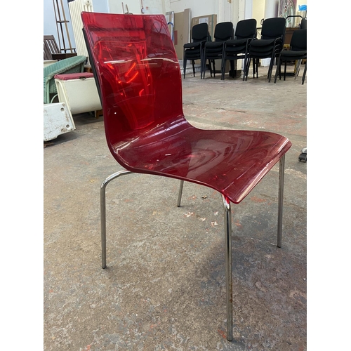 1148 - Four Italian red acrylic and chrome plated stacking dining chairs