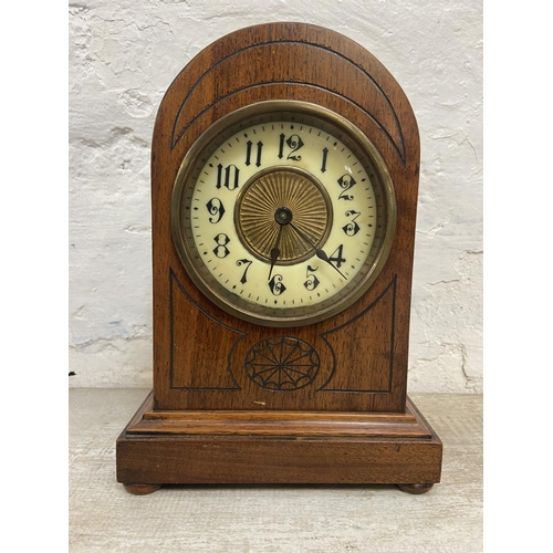 1151 - Two antique mantel clocks, one Art Deco British made Coronet oak and ebonised cased with pendulum an... 