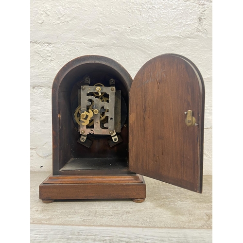 1151 - Two antique mantel clocks, one Art Deco British made Coronet oak and ebonised cased with pendulum an... 