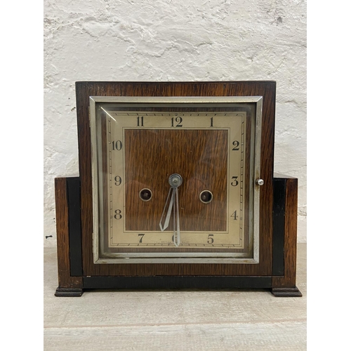 1151 - Two antique mantel clocks, one Art Deco British made Coronet oak and ebonised cased with pendulum an... 