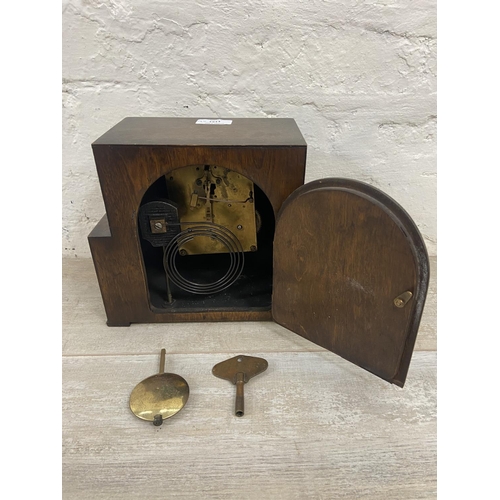 1151 - Two antique mantel clocks, one Art Deco British made Coronet oak and ebonised cased with pendulum an... 