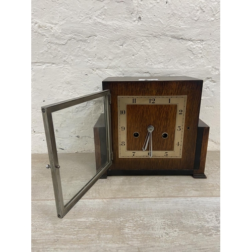 1151 - Two antique mantel clocks, one Art Deco British made Coronet oak and ebonised cased with pendulum an... 