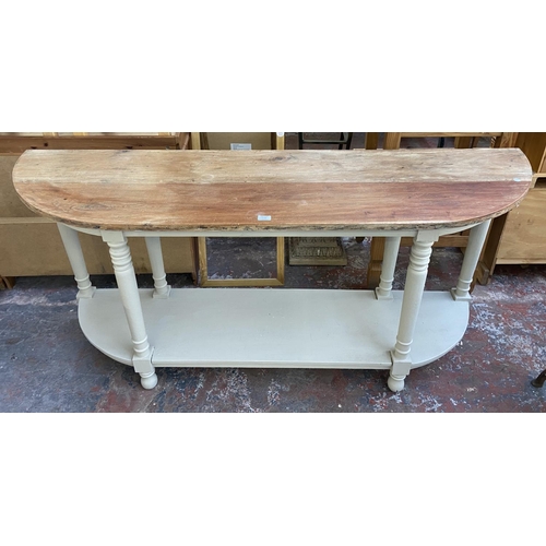 1156 - A 19th century style hardwood and grey painted demi lune two tier console table - approx. 86cm high ... 