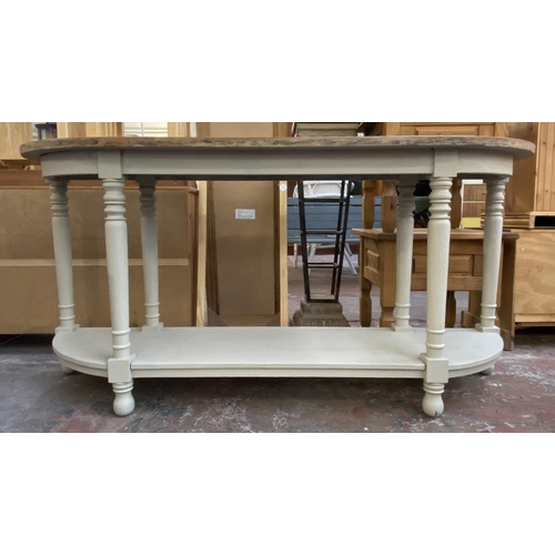 1156 - A 19th century style hardwood and grey painted demi lune two tier console table - approx. 86cm high ... 