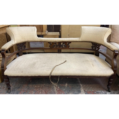 1160 - A late 19th/early 20th century carved mahogany and fabric upholstered double back parlour sofa - app... 