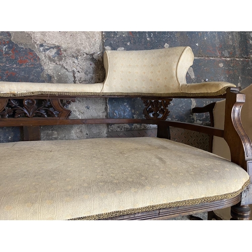 1160 - A late 19th/early 20th century carved mahogany and fabric upholstered double back parlour sofa - app... 