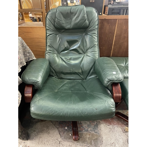 1167 - A Stressless style green leather and bentwood swivel armchair and two footstools