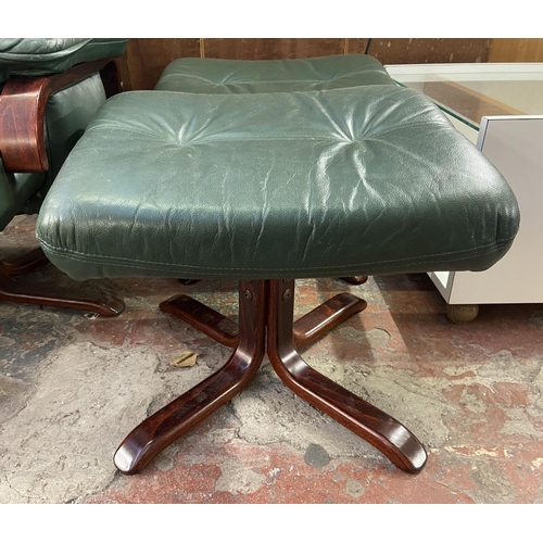 1167 - A Stressless style green leather and bentwood swivel armchair and two footstools