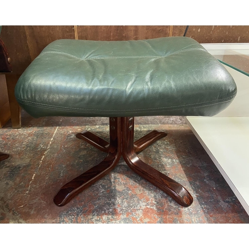 1167 - A Stressless style green leather and bentwood swivel armchair and two footstools