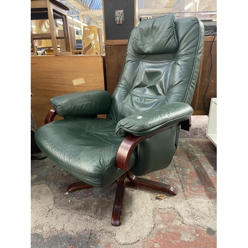 1167 - A Stressless style green leather and bentwood swivel armchair and two footstools