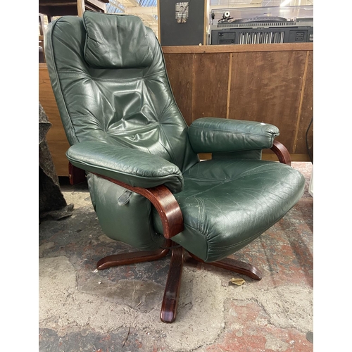 1167 - A Stressless style green leather and bentwood swivel armchair and two footstools