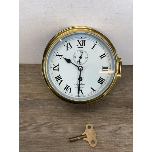 1411 - A boxed Topsham of Exeter brass cased circular ship's wall clock - approx. 20cm high