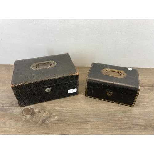 1429 - Two late 19th/early 20th century black leather jewellery boxes - largest approx. 12cm high x 26cm wi... 