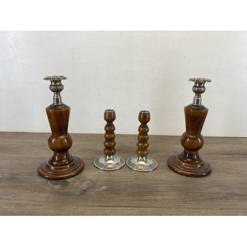 1430 - Two pairs of Art Deco turned wooden and chrome plated candlesticks - largest approx. 24cm high