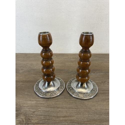 1430 - Two pairs of Art Deco turned wooden and chrome plated candlesticks - largest approx. 24cm high