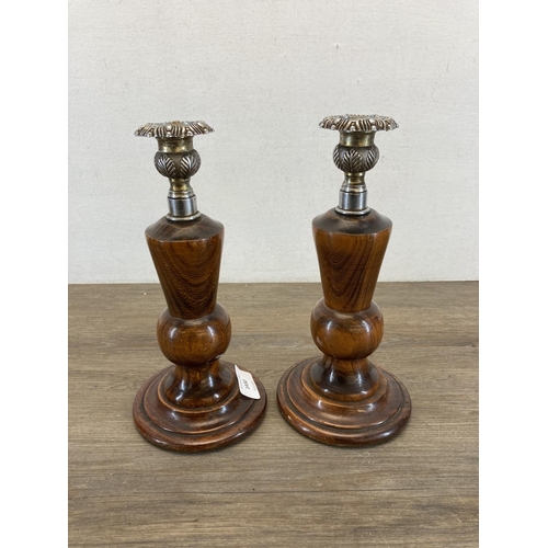 1430 - Two pairs of Art Deco turned wooden and chrome plated candlesticks - largest approx. 24cm high