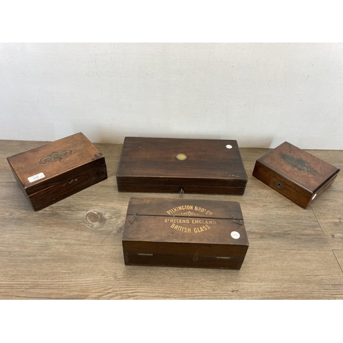 1438 - Four wooden boxes, one 19th century R. Adams mahogany gun case, one Pilkington Bros Ltd of St Helens... 