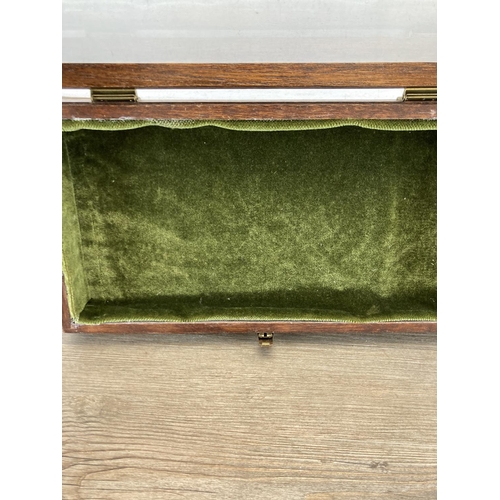 1443 - A mid 20th century mahogany table top display case with green fabric interior - approx. 21cm high x ... 