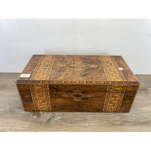 1445 - A 19th century Tunbridge Ware marquetry inlaid walnut writing slope - approx. 18cm high x 50cm wide ... 