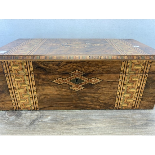 1445 - A 19th century Tunbridge Ware marquetry inlaid walnut writing slope - approx. 18cm high x 50cm wide ... 