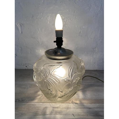 1180 - An Art Deco Lalique style frosted glass converted vase table lamp with stylized bird design - approx... 