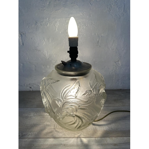 1180 - An Art Deco Lalique style frosted glass converted vase table lamp with stylized bird design - approx... 