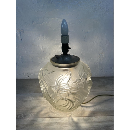 1180 - An Art Deco Lalique style frosted glass converted vase table lamp with stylized bird design - approx... 