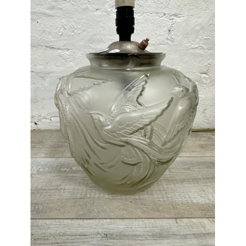 1180 - An Art Deco Lalique style frosted glass converted vase table lamp with stylized bird design - approx... 