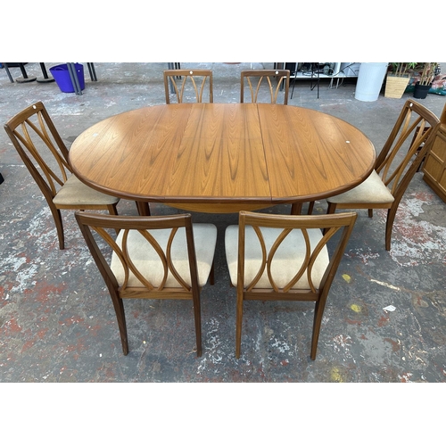 A mid 20th century G Plan Fresco teak extending dining table and six chairs - approx. 72.5cm high x 122cm wide x 168cm long when extended