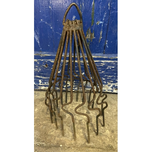 1202 - Three pieces of metalware, one cast iron fire bell - approx. 57cm high, one black metal chimney bird... 