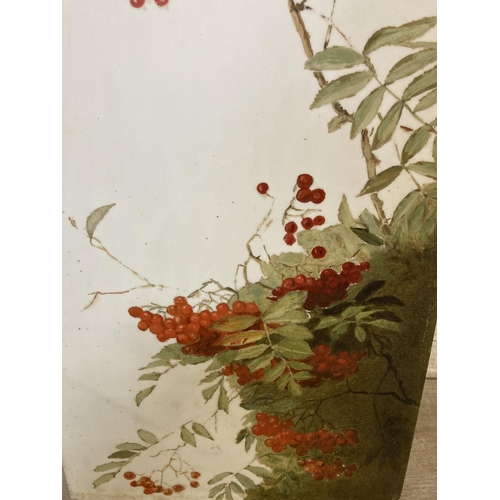 1209 - A 19th century hand painted oil on milk glass panel of berries and foliage - approx. 61cm high x 30c... 