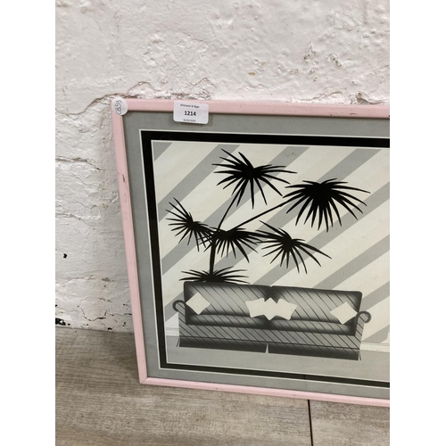 1214 - A 1980s framed Modernist black and white print of a sofa and plant - approx. 53cm high x 53cm wide