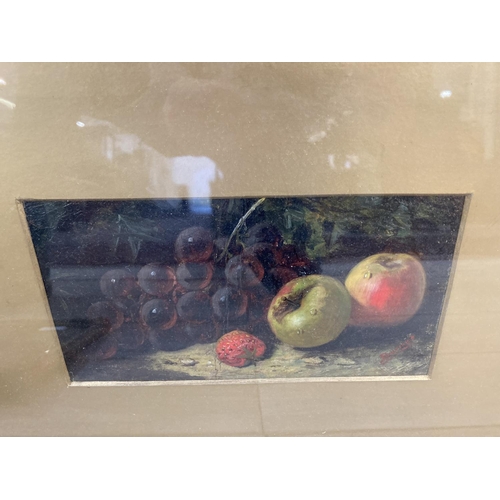 1218 - Two late 19th/early 20th century gilt framed oil paintings on board depicting still life fruit scene... 