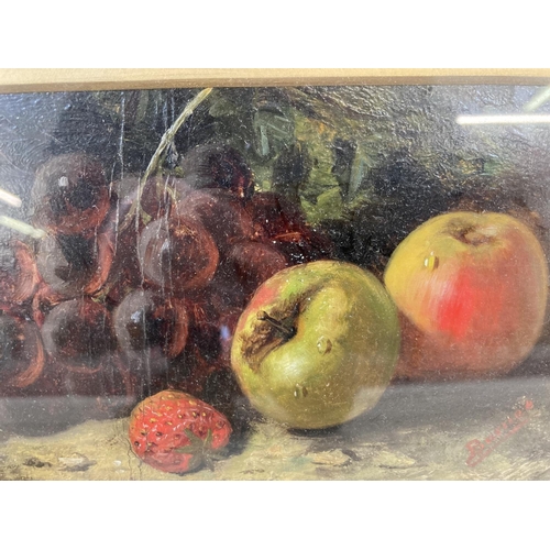 1218 - Two late 19th/early 20th century gilt framed oil paintings on board depicting still life fruit scene... 