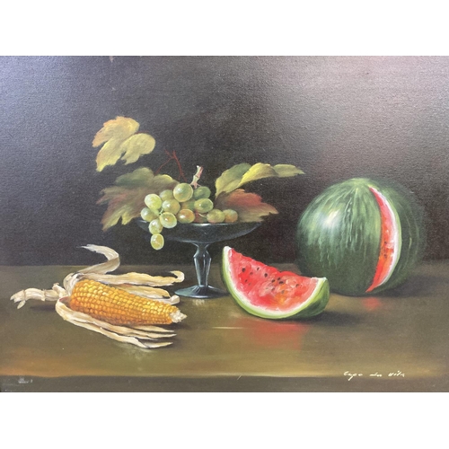 1220 - A mid to late 20th century gilt framed European oil on canvas of a still life fruit scene, inscribed... 