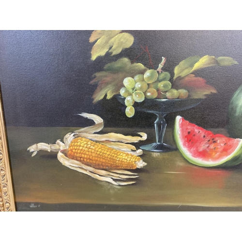 1220 - A mid to late 20th century gilt framed European oil on canvas of a still life fruit scene, inscribed... 