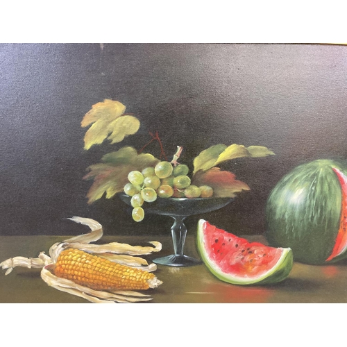 1220 - A mid to late 20th century gilt framed European oil on canvas of a still life fruit scene, inscribed... 