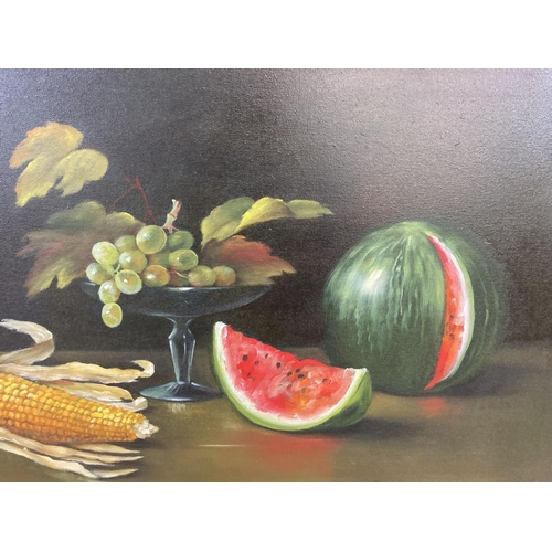 1220 - A mid to late 20th century gilt framed European oil on canvas of a still life fruit scene, inscribed... 