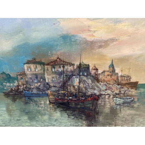 1221 - A late 20th century gilt framed Impressionist style oil on canvas of boats in a harbour - approx. 64... 