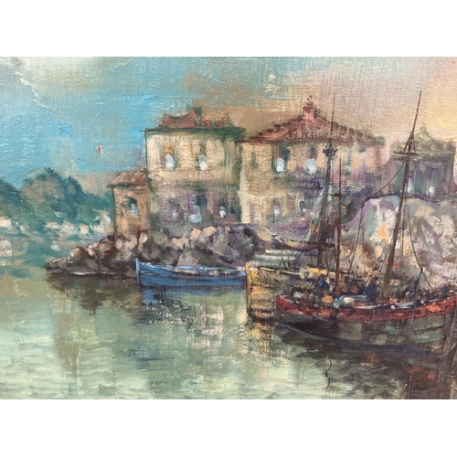 1221 - A late 20th century gilt framed Impressionist style oil on canvas of boats in a harbour - approx. 64... 