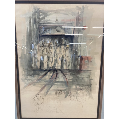 1222 - A late 20th century gilt framed watercolour and ink sketch of miners attributed to Ben Maile - appro... 