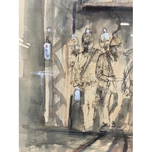 1222 - A late 20th century gilt framed watercolour and ink sketch of miners attributed to Ben Maile - appro... 