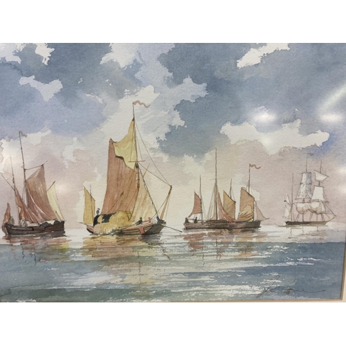 1229 - A late 20th century gilt framed watercolour of sailing ships pencil signed lower right - approx. 43c... 