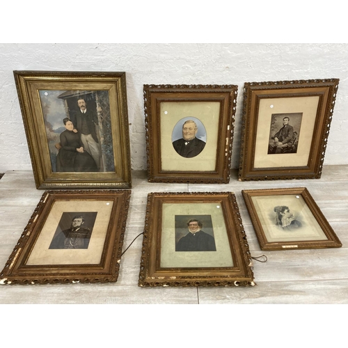 1231 - Six 19th century framed Victorian photographic portraits, three over painted - largest approx. 79cm ... 