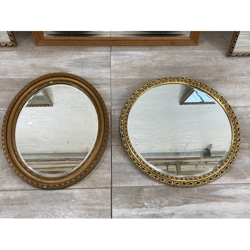 1233 - Five mirrors, one gilt framed oval bevelled edged, one gilt framed circular, one pine framed bevelle... 